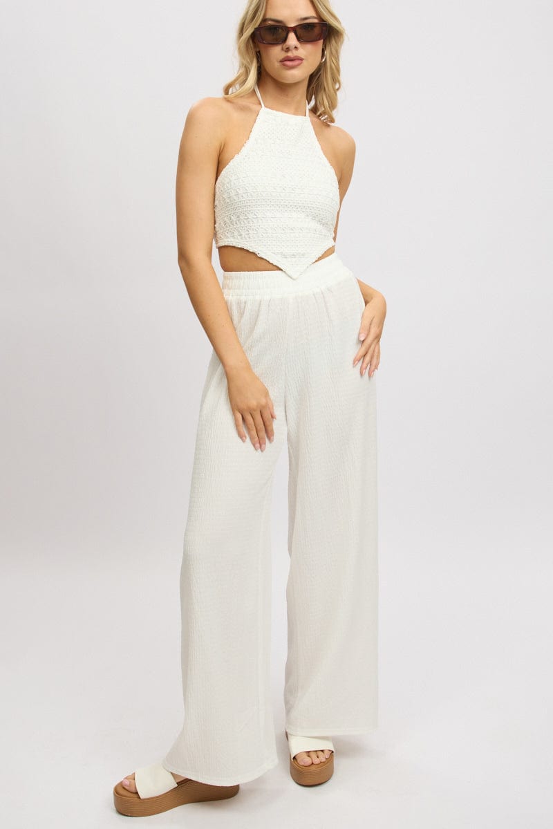 White Wide Leg Pants High Rise Textured Fabric for Ally Fashion