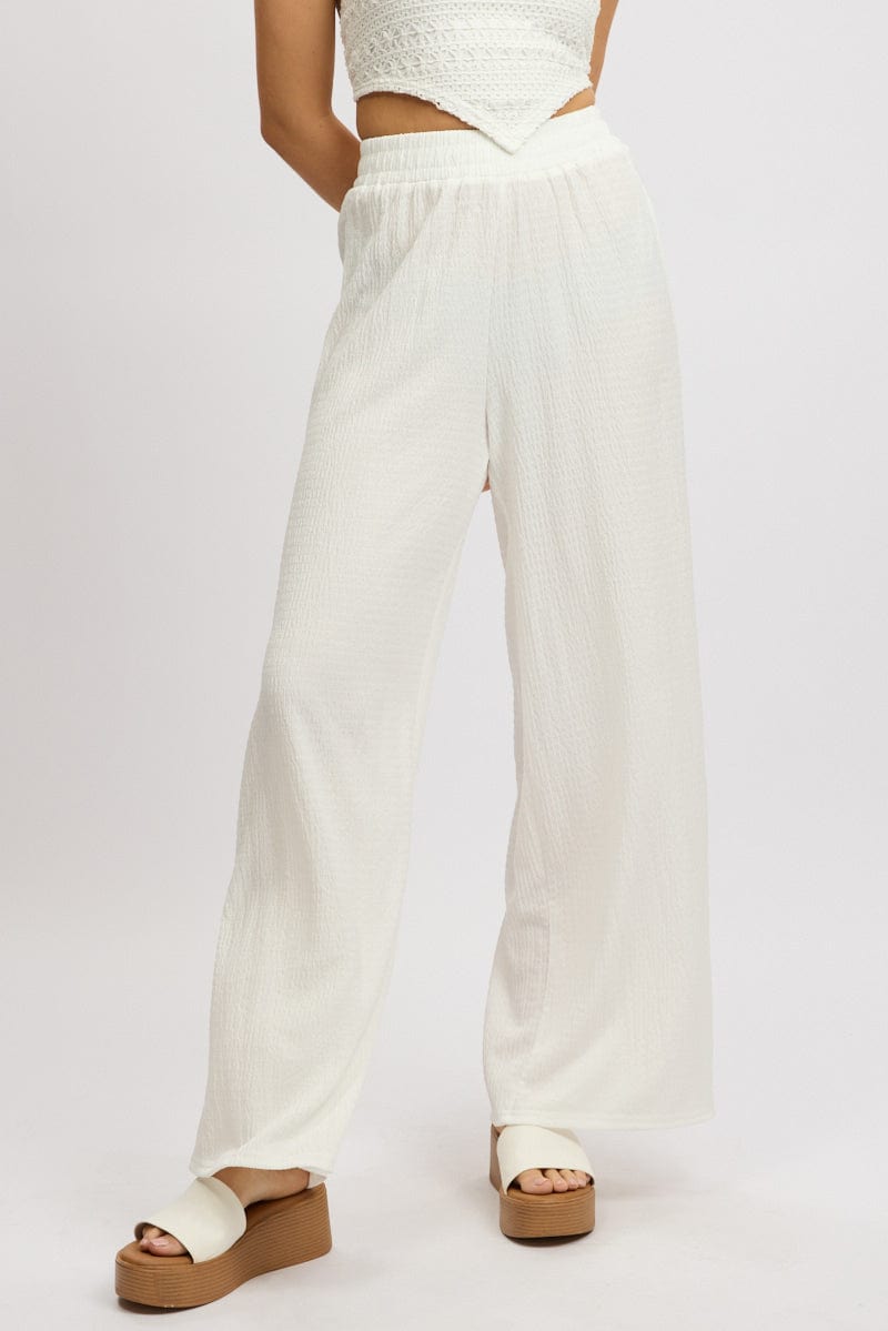 White Wide Leg Pants High Rise Textured Fabric for Ally Fashion