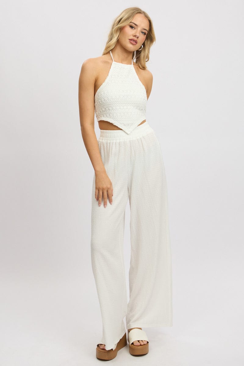 White Wide Leg Pants High Rise Textured Fabric for Ally Fashion