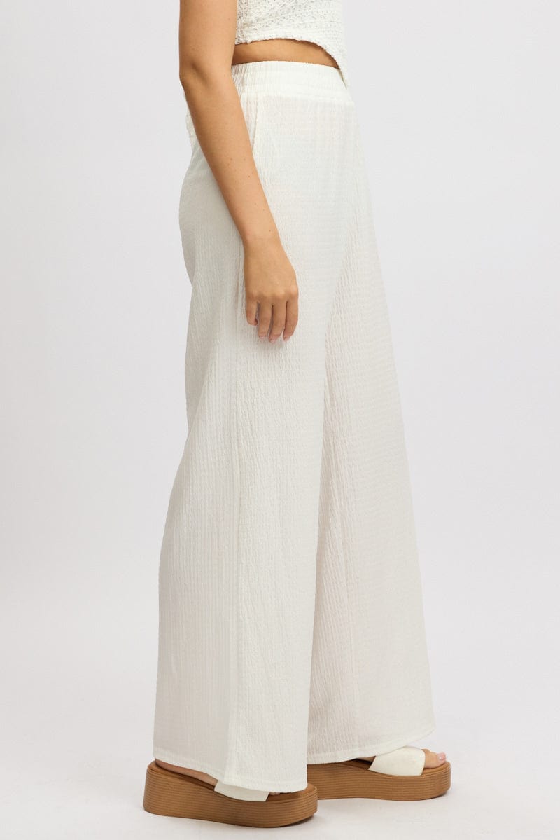 White Wide Leg Pants High Rise Textured Fabric for Ally Fashion