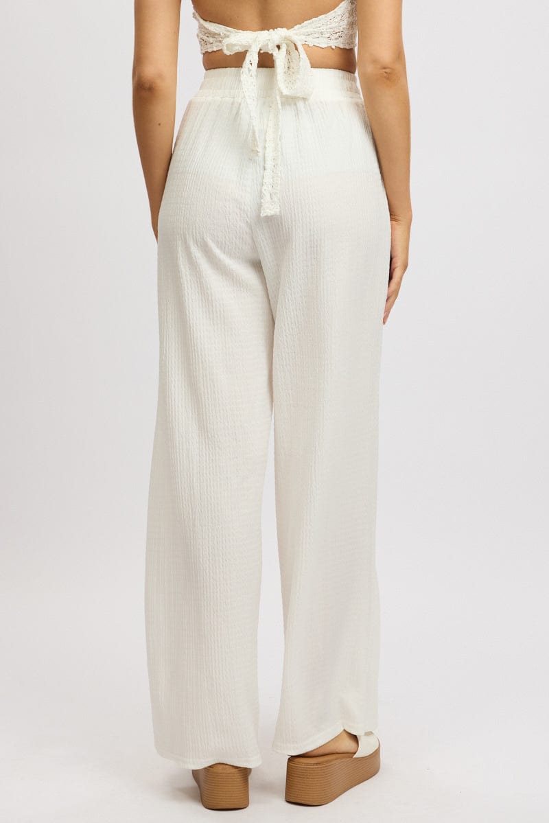 White Wide Leg Pants High Rise Textured Fabric for Ally Fashion