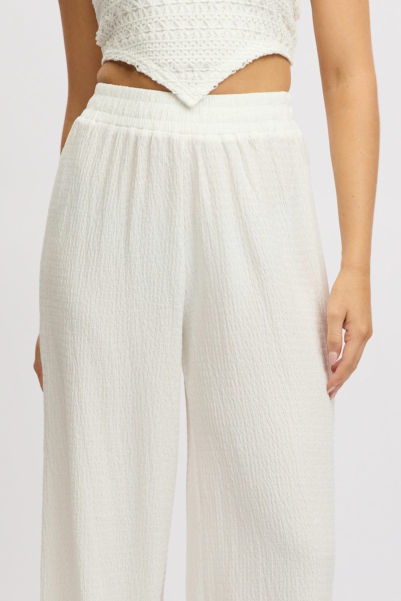 White Wide Leg Pants High Rise Textured Fabric for Ally Fashion