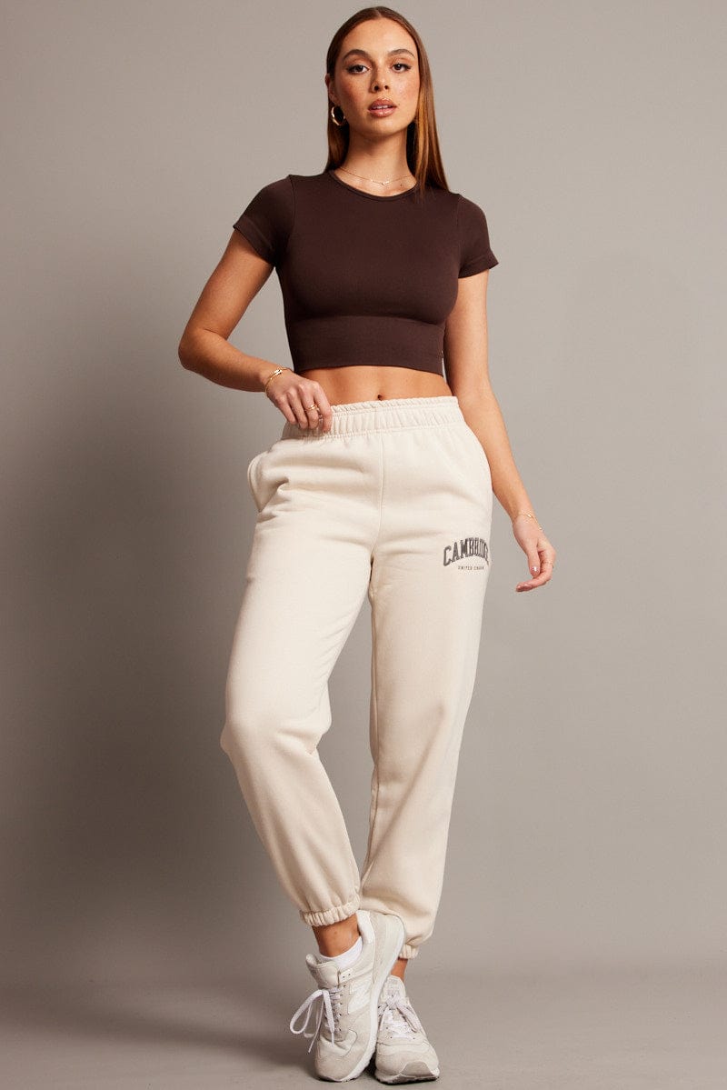 Beige Track Pants High Rise for Ally Fashion