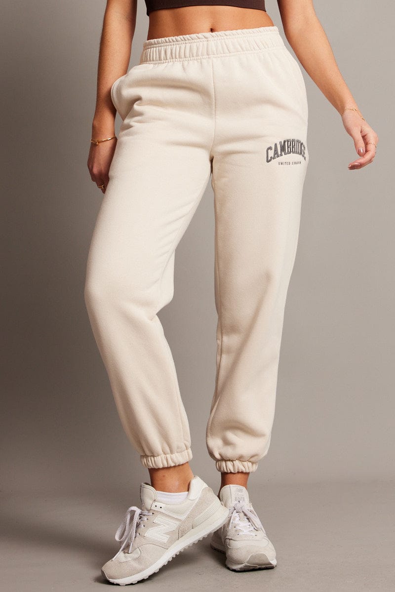 Beige Track Pants High Rise for Ally Fashion