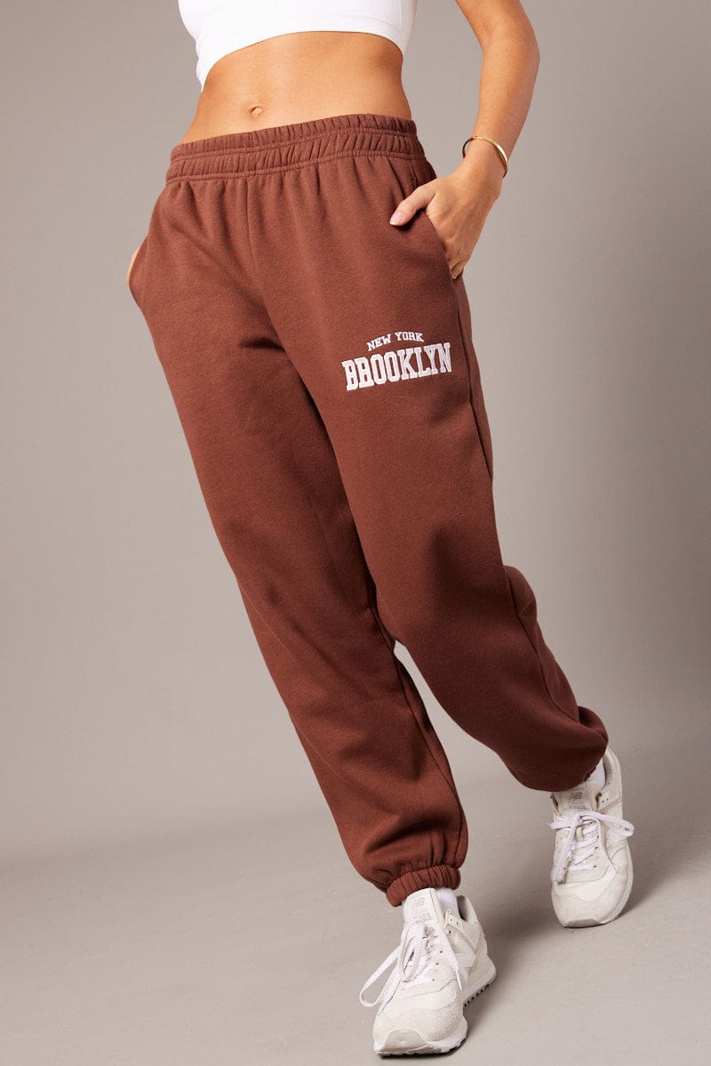 Brown Track Pants High Rise for Ally Fashion