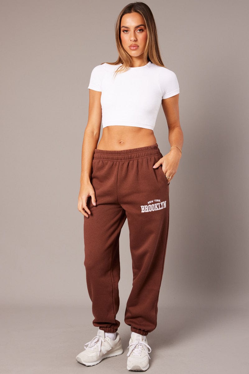 Brown Track Pants High Rise for Ally Fashion