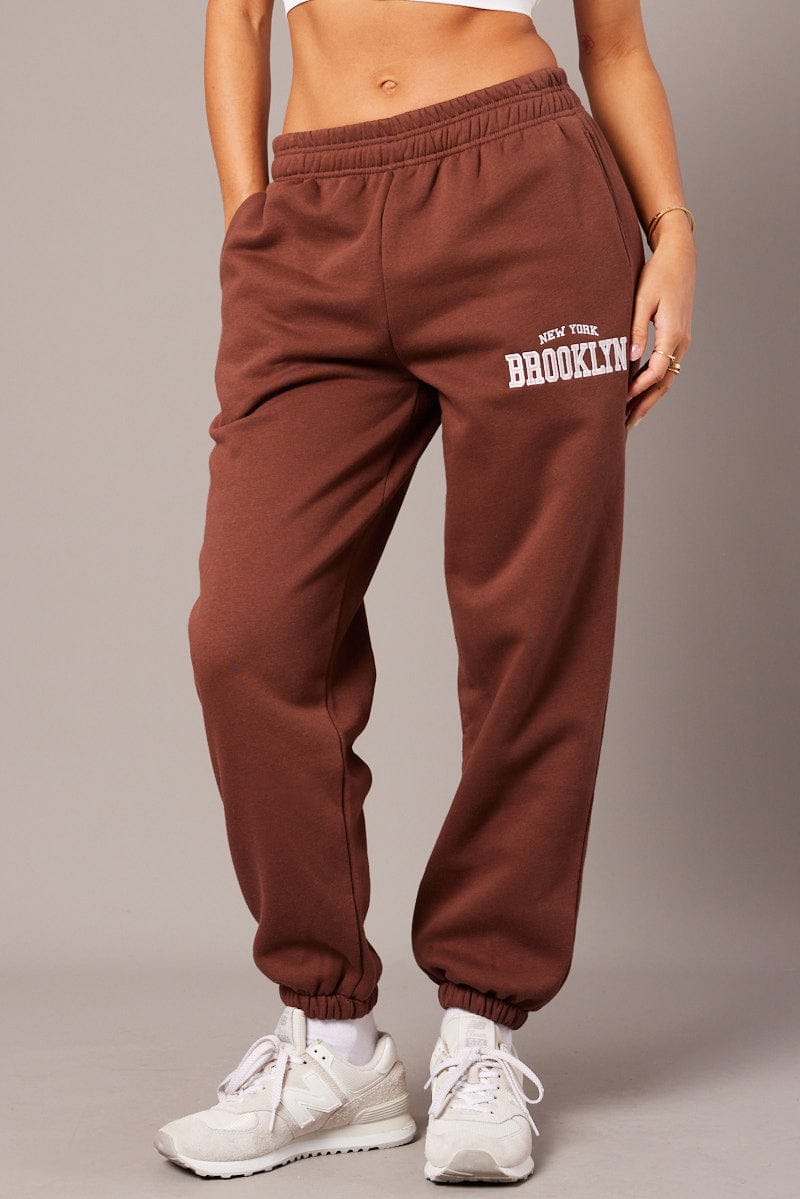 Brown Track Pants High Rise for Ally Fashion