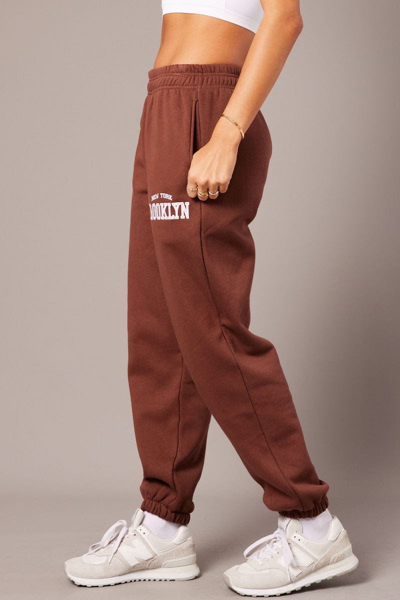 Brown Track Pants High Rise for Ally Fashion