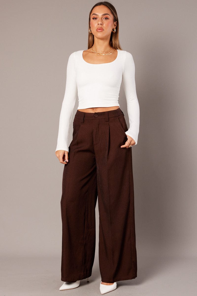 Brown Wide Leg Pants High Rise | Ally Fashion