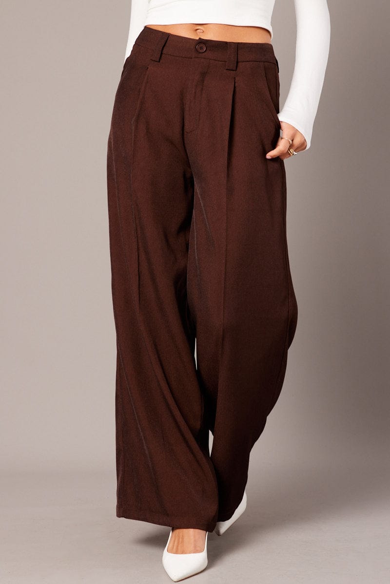 Brown Wide Leg Pants High Rise for Ally Fashion