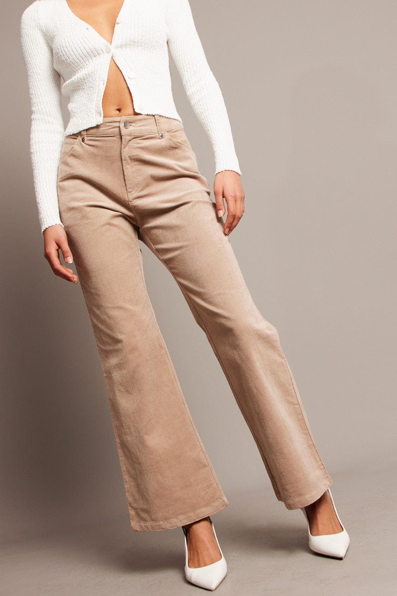 Beige Wide Leg Pants High Rise Corduroy for Ally Fashion