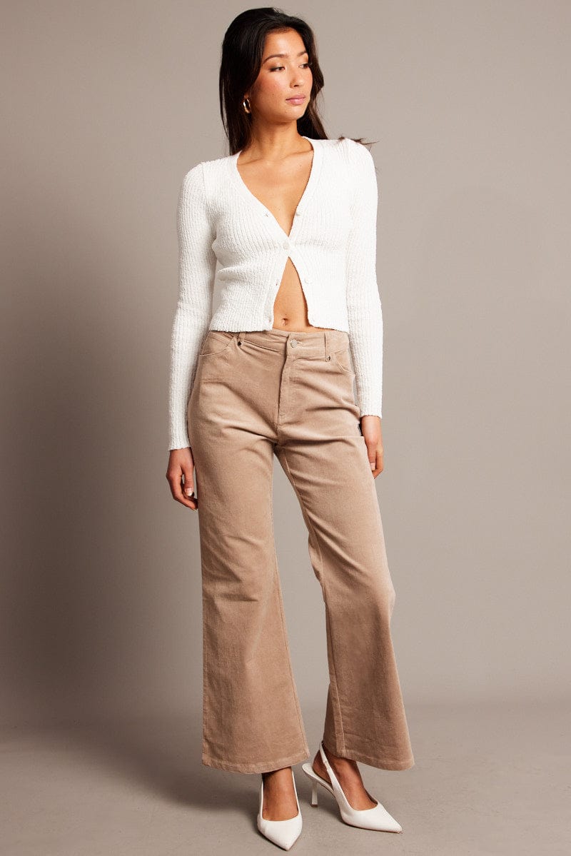 Beige Wide Leg Pants High Rise Corduroy for Ally Fashion