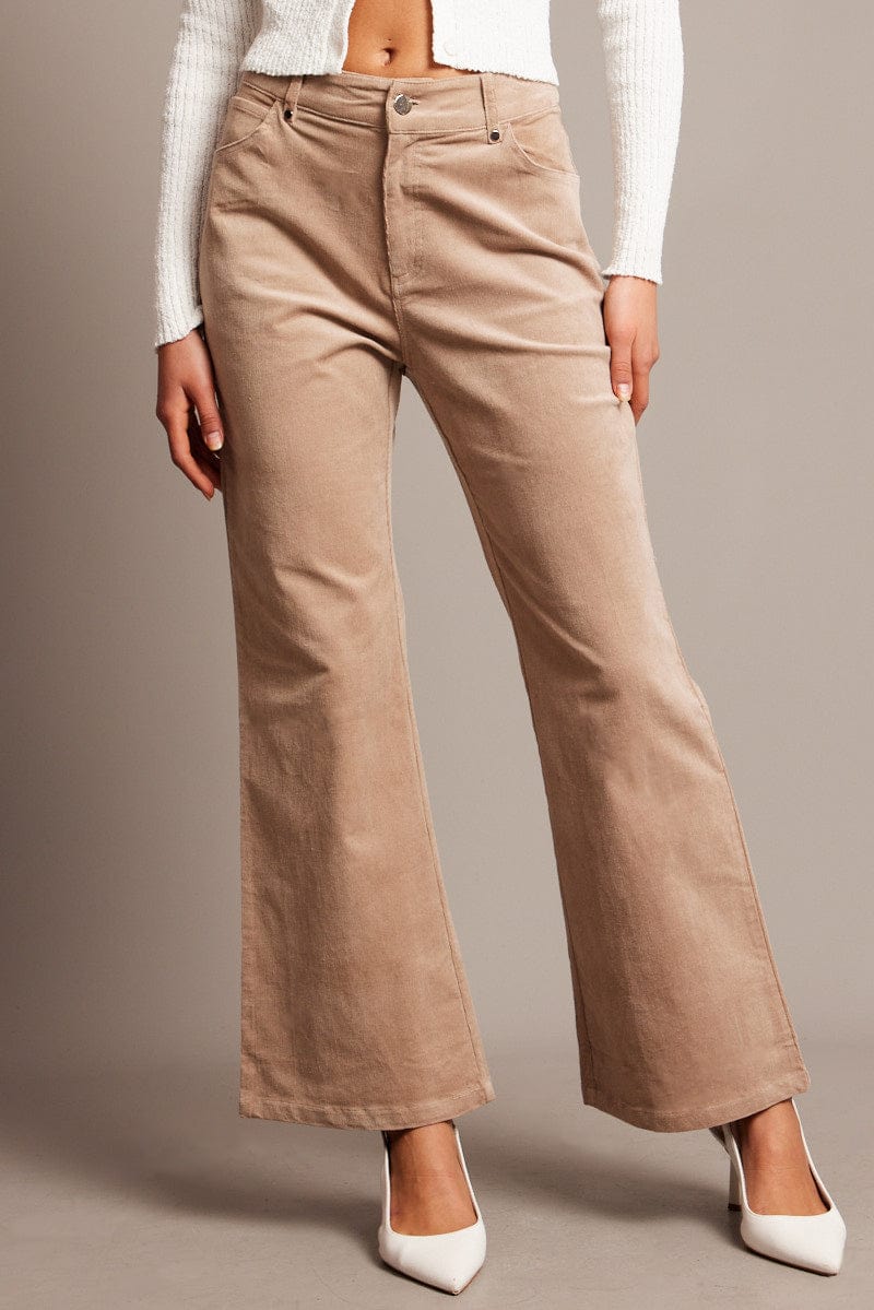 Beige Wide Leg Pants High Rise Corduroy for Ally Fashion