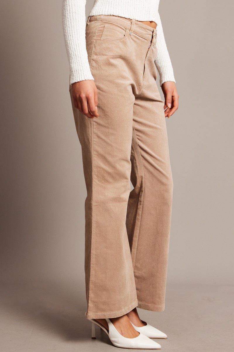 Beige Wide Leg Pants High Rise Corduroy for Ally Fashion