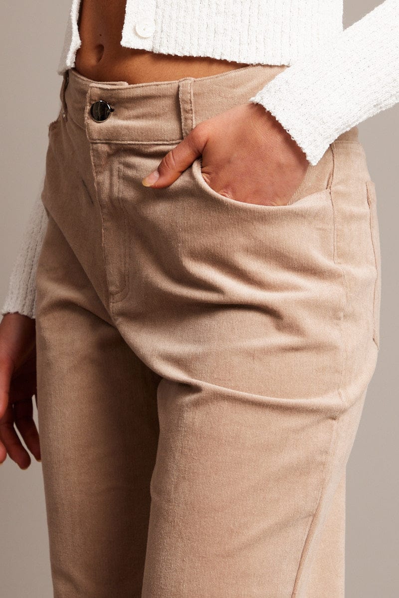 Beige Wide Leg Pants High Rise Corduroy for Ally Fashion