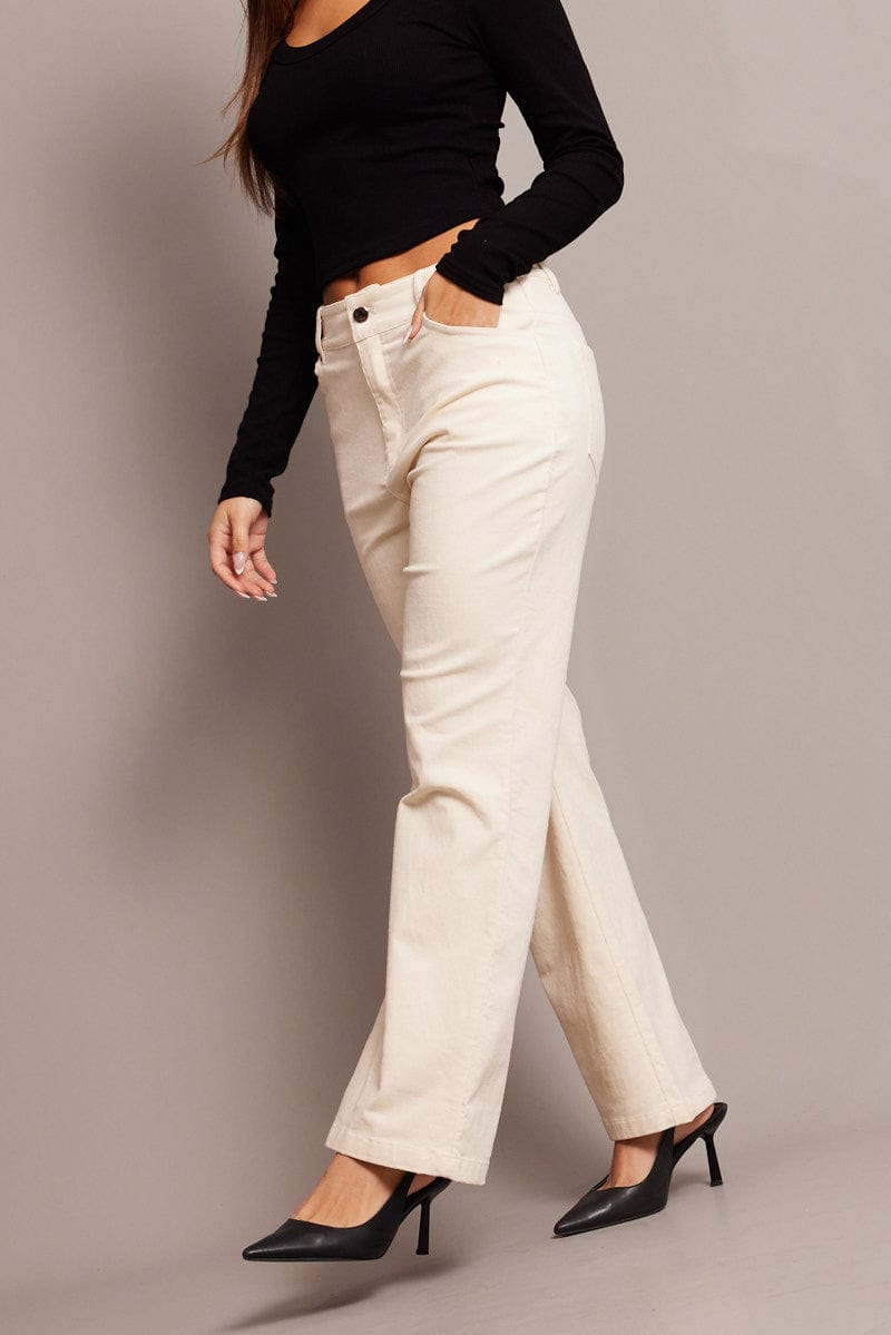 White Wide Leg Pants High Rise Corduroy for Ally Fashion