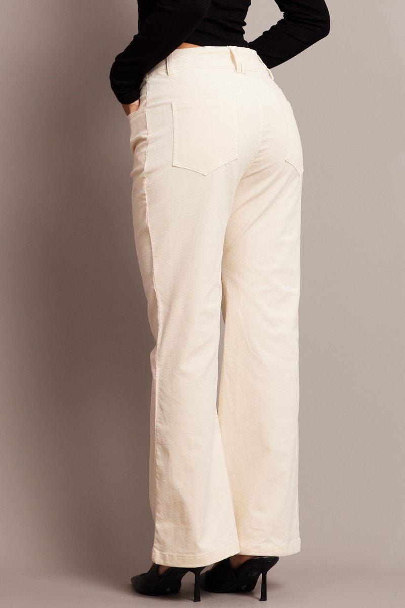 White Wide Leg Pants High Rise Corduroy for Ally Fashion