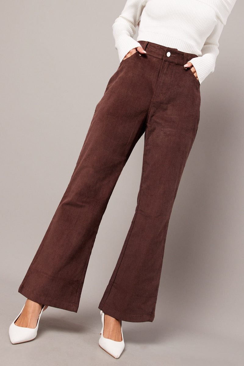 Brown Wide Leg Pants High Rise Corduroy for Ally Fashion