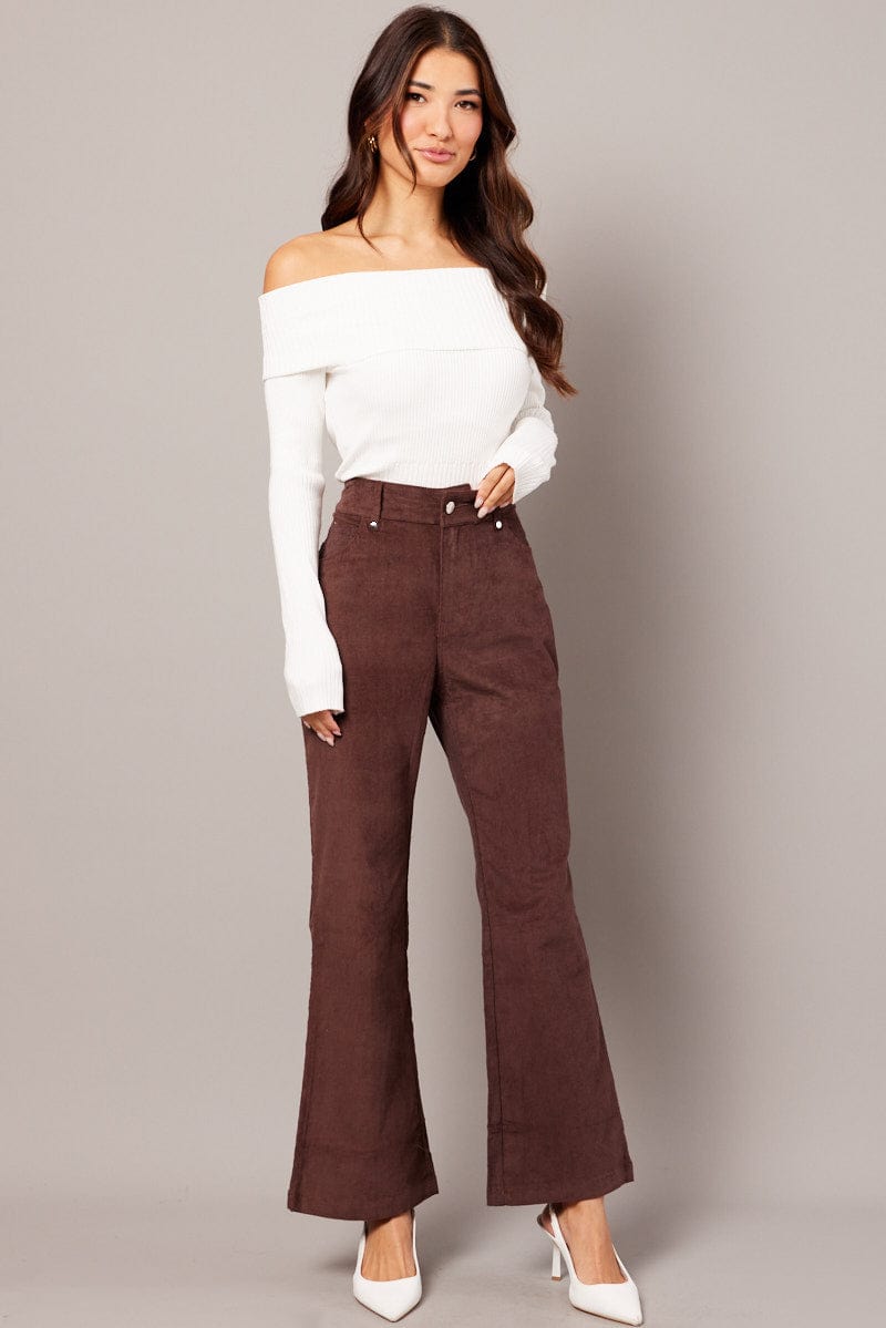 Brown Wide Leg Pants High Rise Corduroy for Ally Fashion