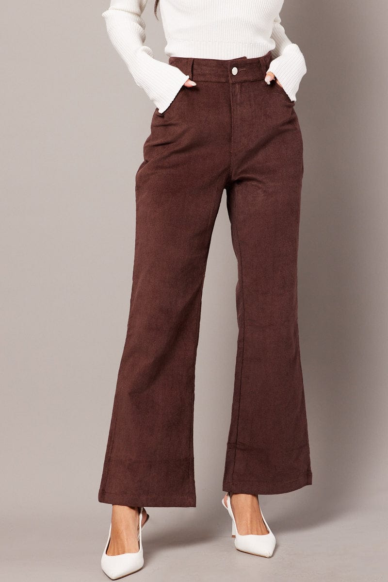 Brown Wide Leg Pants High Rise Corduroy for Ally Fashion