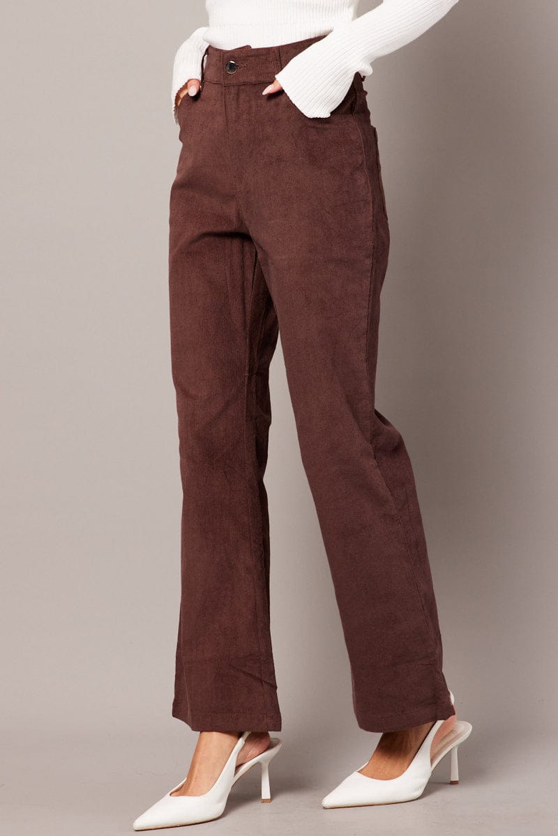 Brown Wide Leg Pants High Rise Corduroy for Ally Fashion