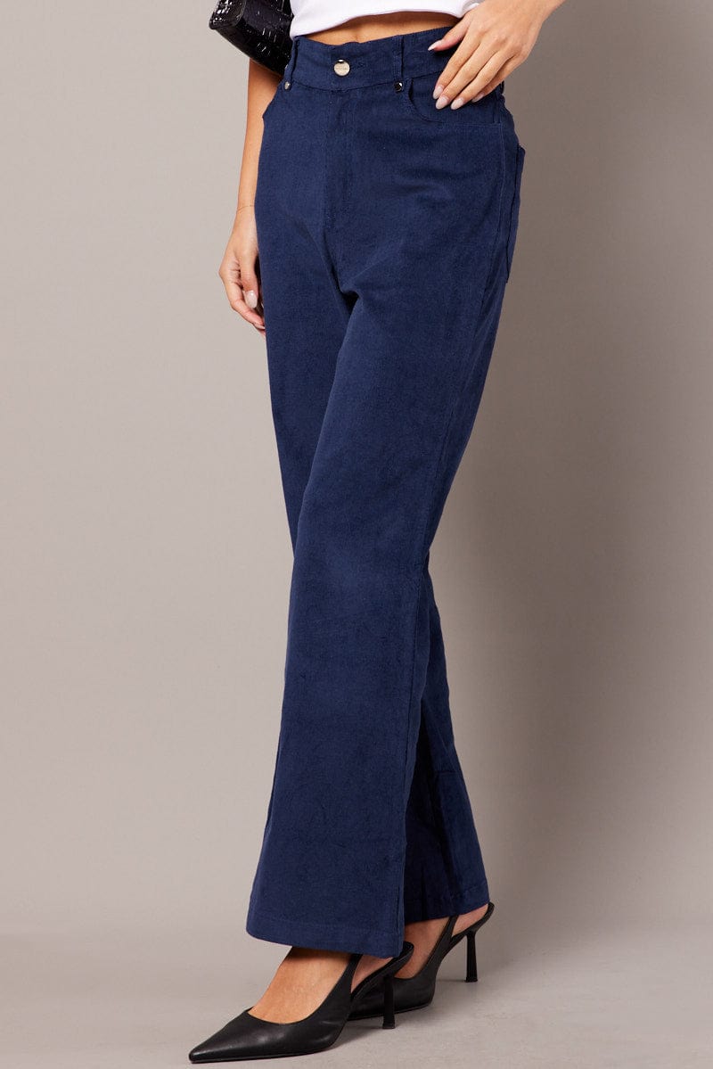 Navy Corduroy Flare Pants Blue Wide Leg Pants High Rise Corduroy