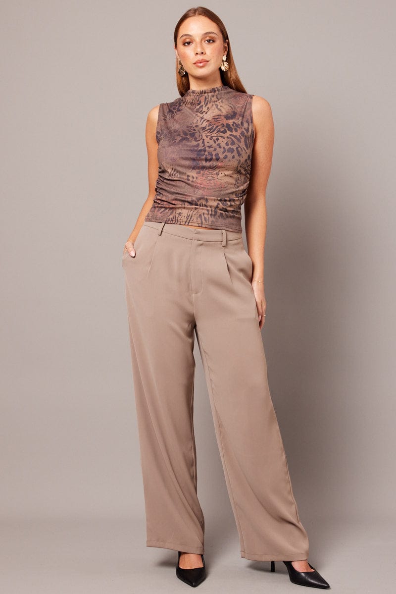 Beige Wide Leg Pants High Rise for Ally Fashion