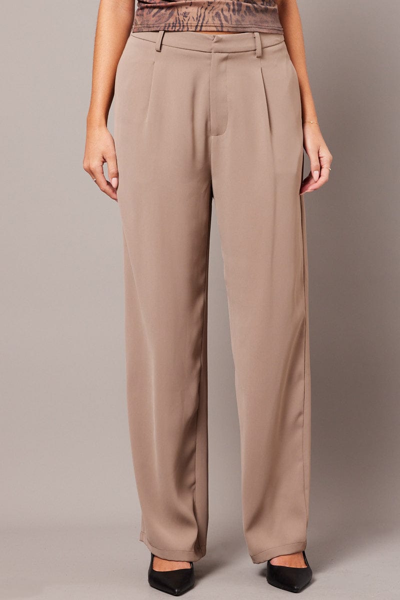 Beige Wide Leg Pants High Rise for Ally Fashion