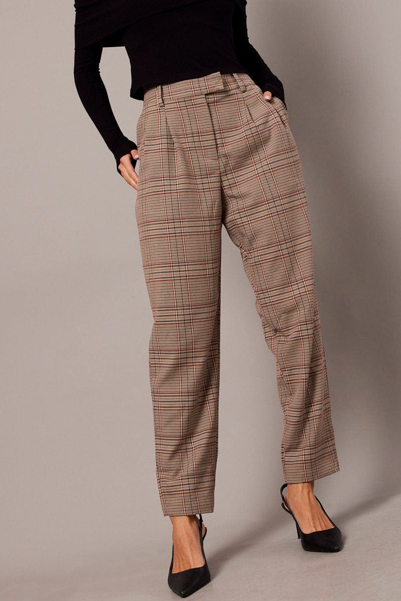 Beige Check Tapered Pants High Rise for Ally Fashion