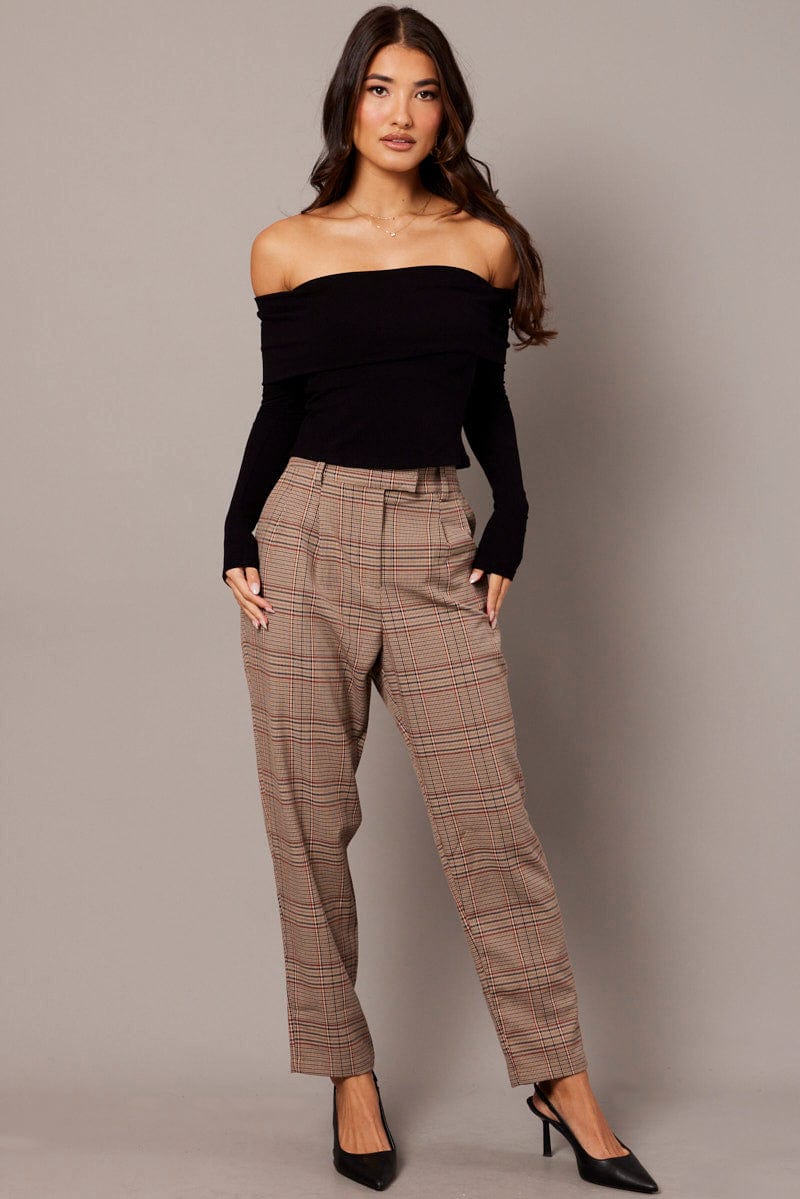 Beige Check Tapered Pants High Rise for Ally Fashion