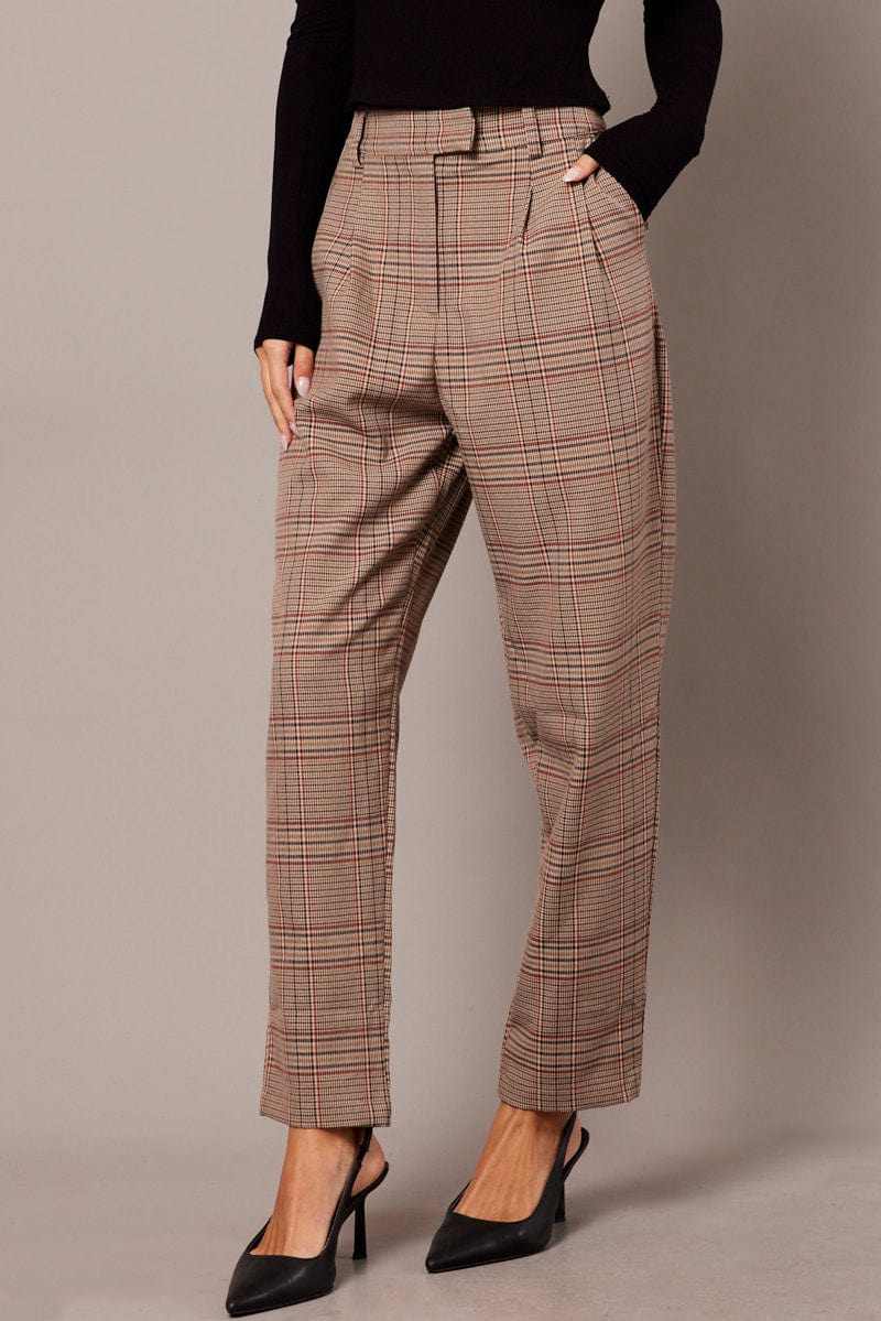 Beige Check Tapered Pants High Rise for Ally Fashion