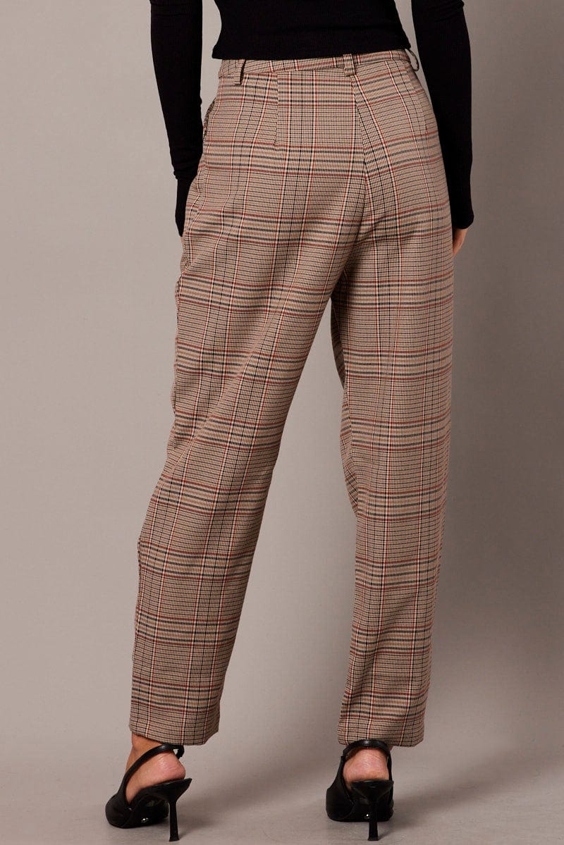 Beige Check Tapered Pants High Rise for Ally Fashion