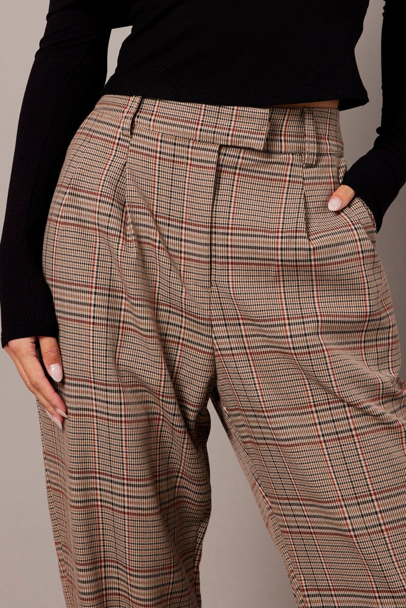 Beige Check Tapered Pants High Rise for Ally Fashion