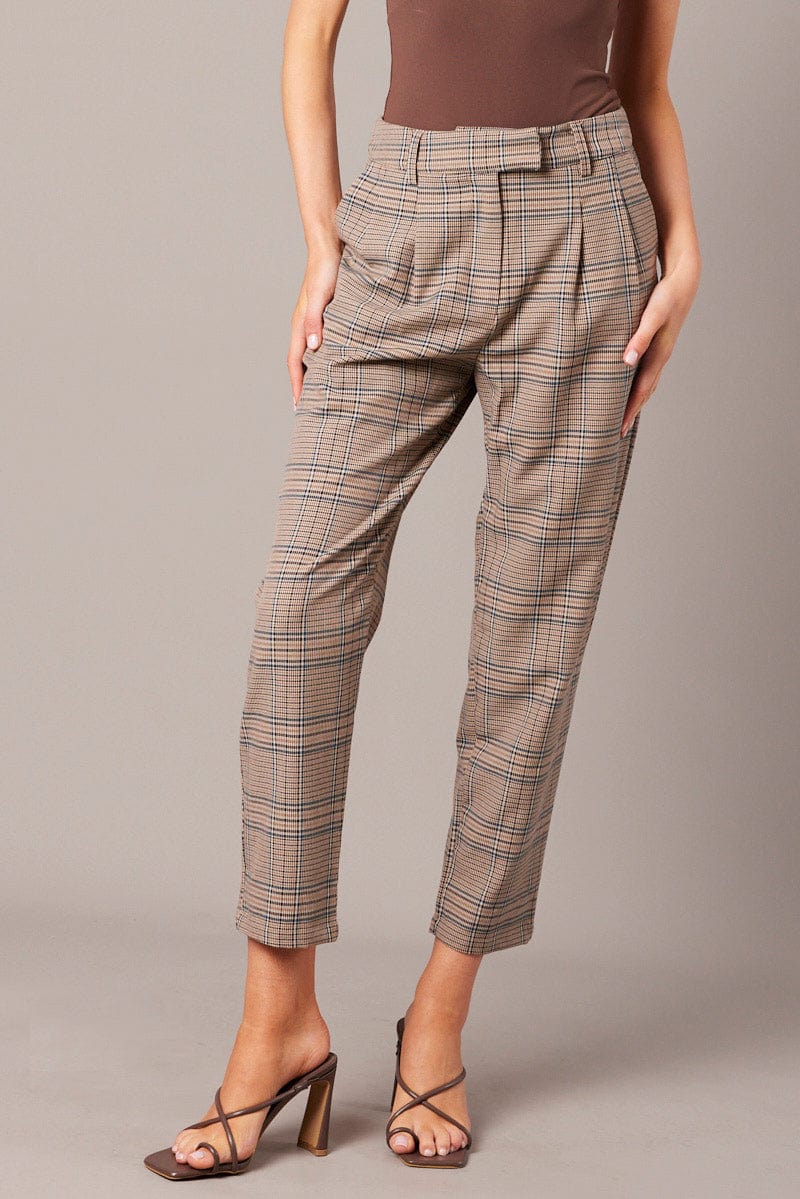 Blue Check Tapered Pants High Rise for Ally Fashion