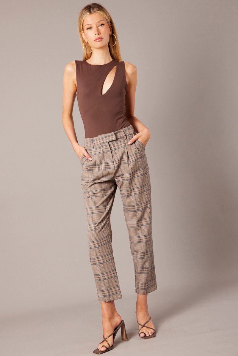 Blue Check Tapered Pants High Rise for Ally Fashion