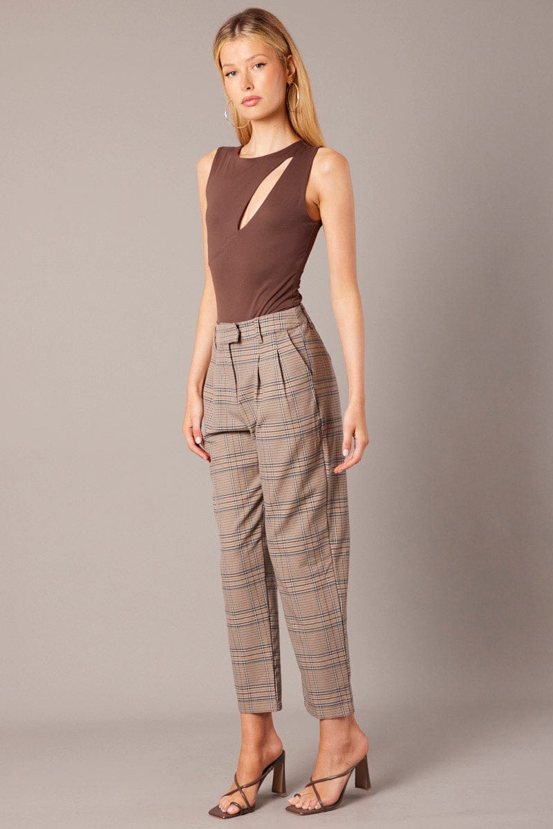 Blue Check Tapered Pants High Rise for Ally Fashion