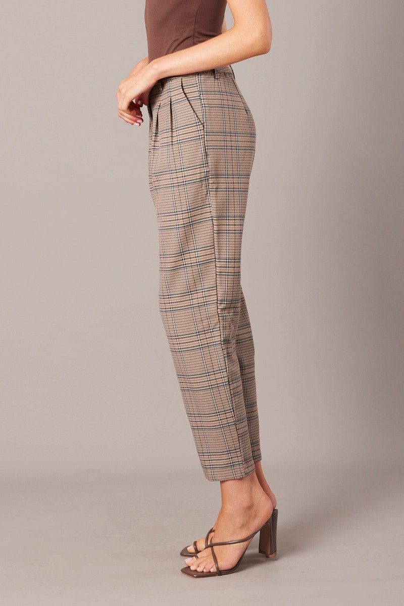 Blue Check Tapered Pants High Rise for Ally Fashion