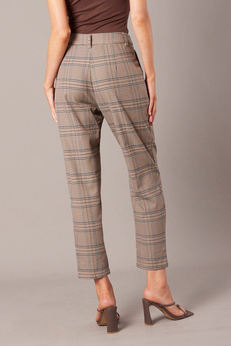 Blue Check Tapered Pants High Rise for Ally Fashion