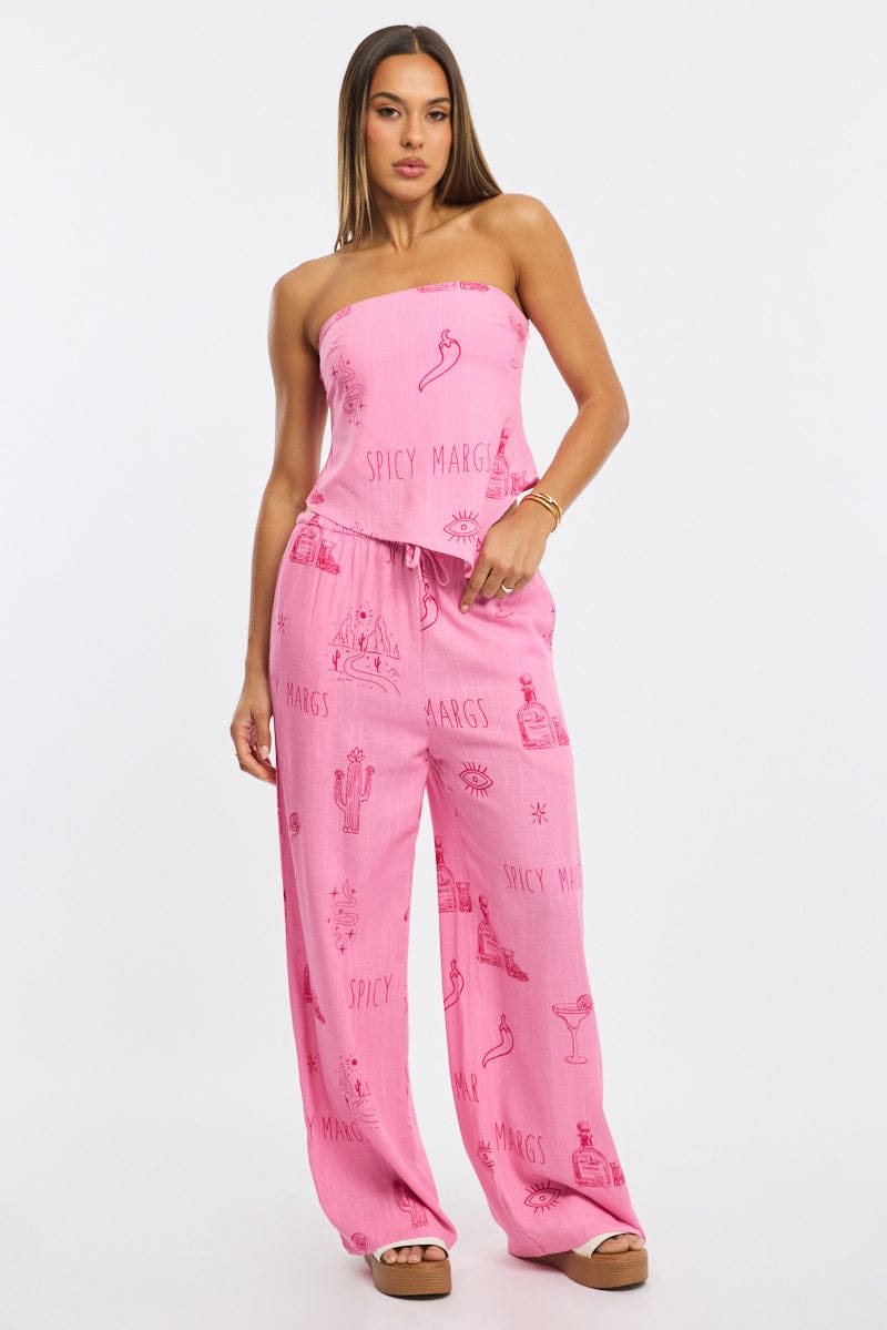 Pink Abstract Wide Leg Pants Elasticated Waist for Ally Fashion