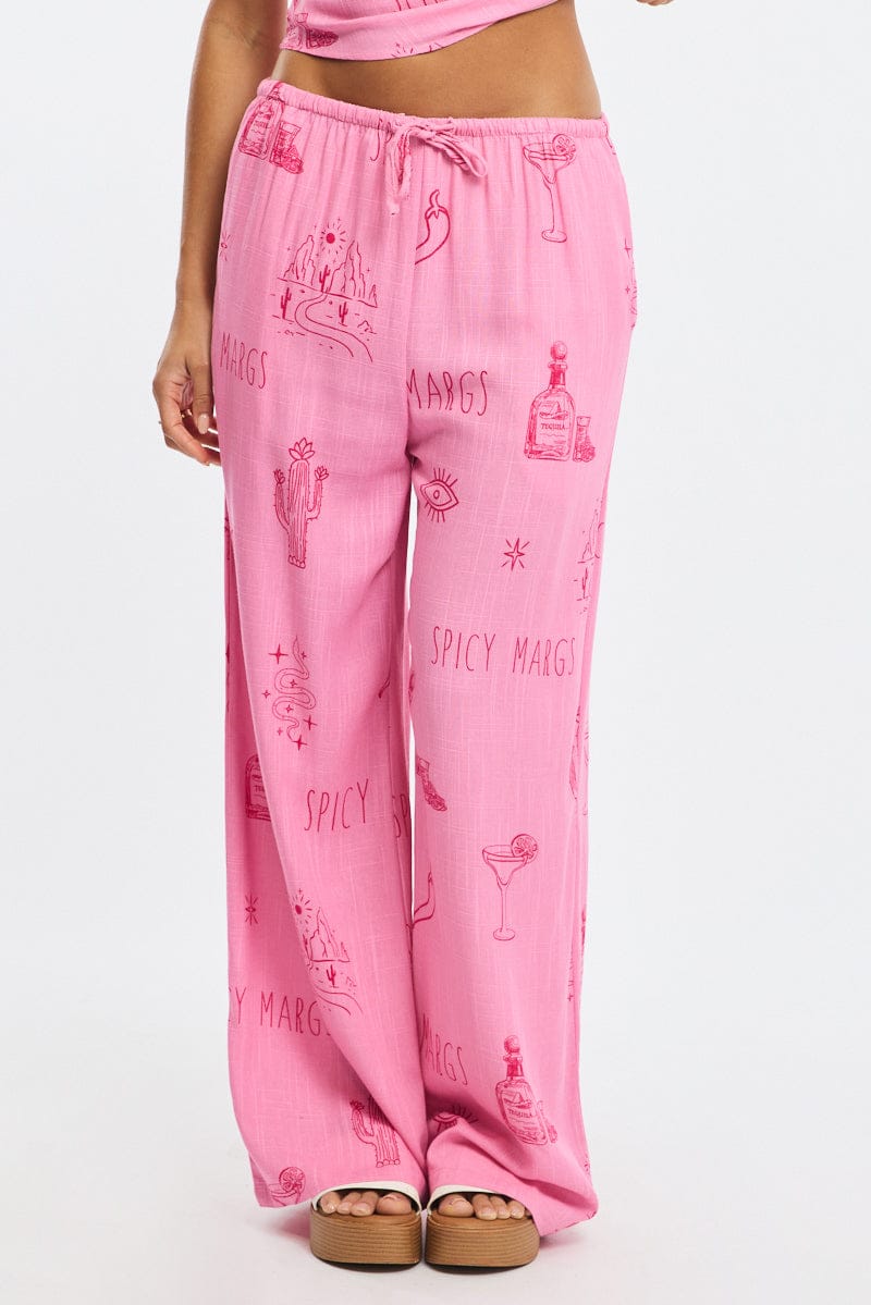Pink Abstract Wide Leg Pants Elasticated Waist for Ally Fashion