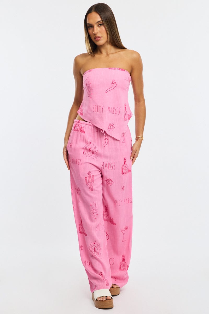 Pink Abstract Wide Leg Pants Elasticated Waist for Ally Fashion