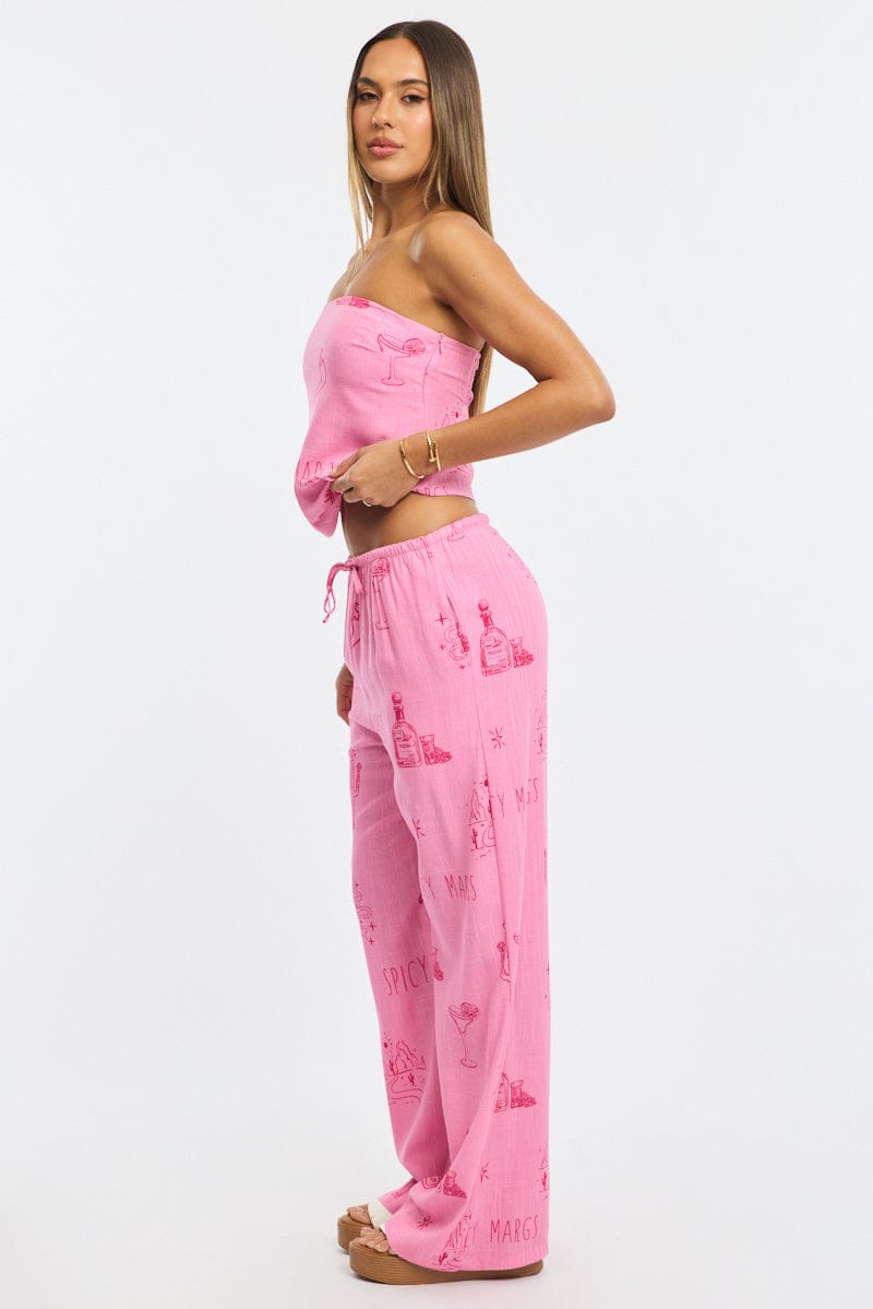 Pink Abstract Wide Leg Pants Elasticated Waist for Ally Fashion