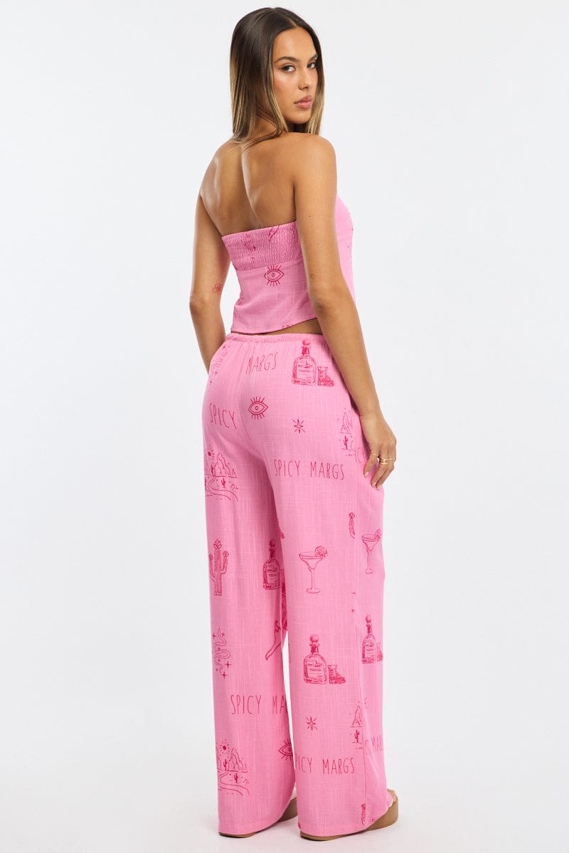 Pink Abstract Wide Leg Pants Elasticated Waist for Ally Fashion