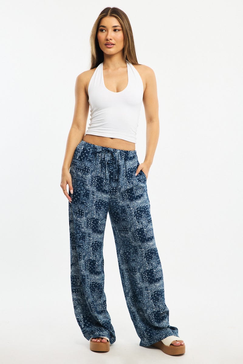 Blue Boho Wide Leg Pants Elasticated Waist for Ally Fashion
