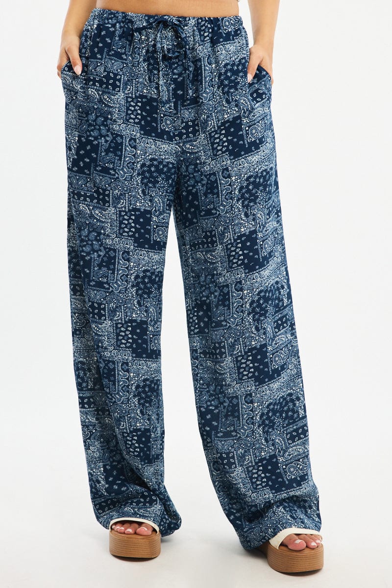 Blue Boho Wide Leg Pants Elasticated Waist for Ally Fashion