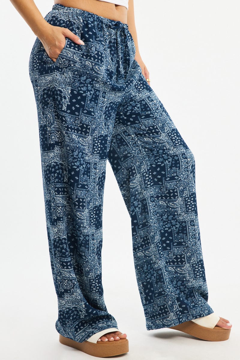 Blue Boho Wide Leg Pants Elasticated Waist for Ally Fashion