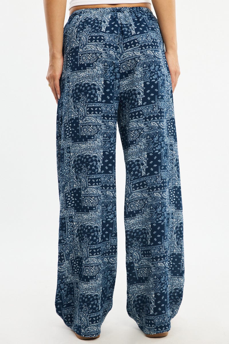 Blue Boho Wide Leg Pants Elasticated Waist for Ally Fashion