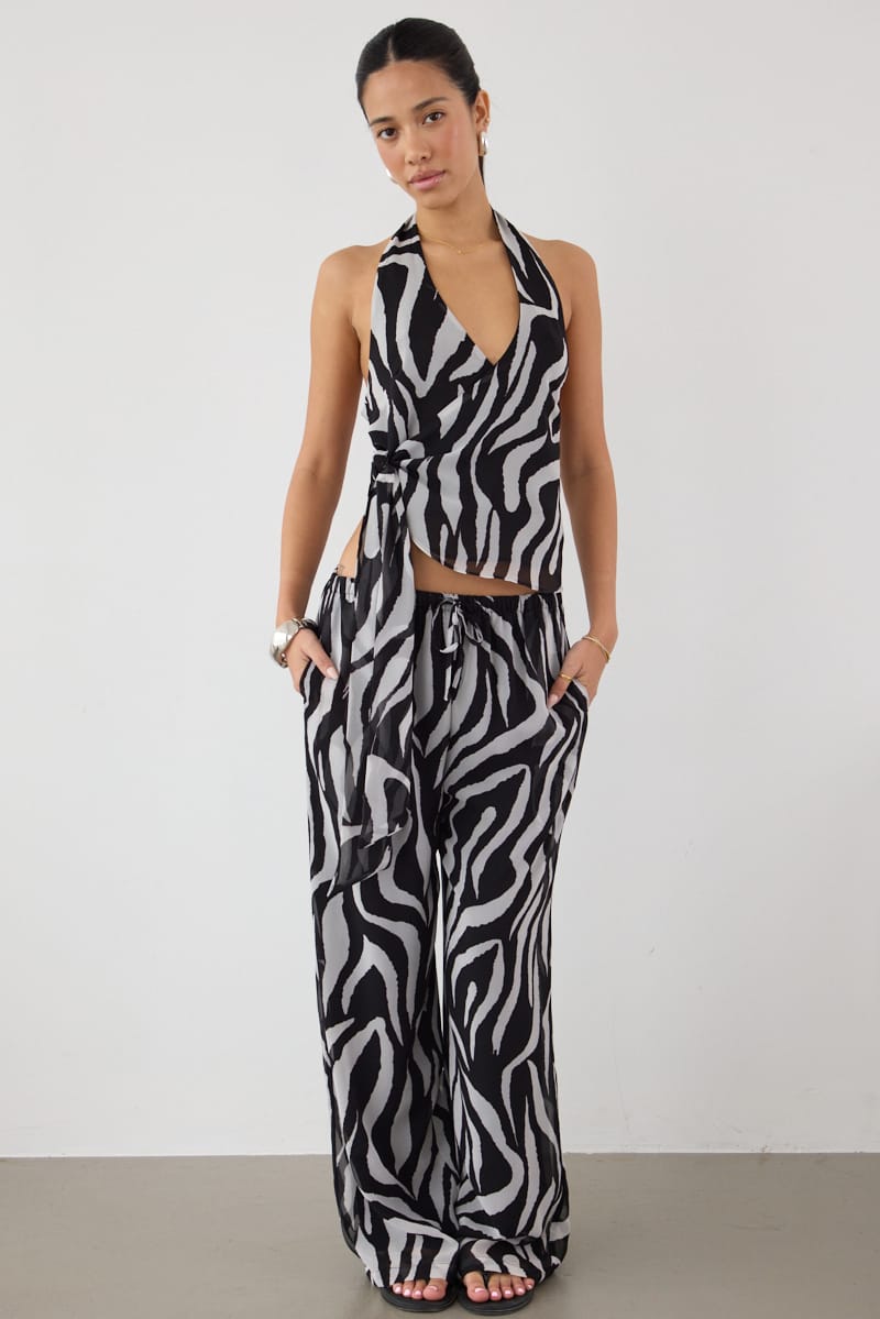 Black Animal Print Wide Leg Pants Sheer for Ally Fashion