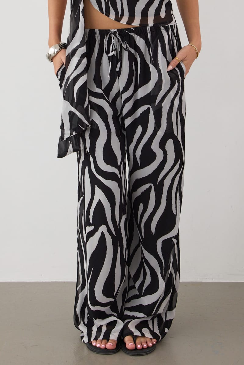 Black Animal Print Wide Leg Pants Sheer for Ally Fashion