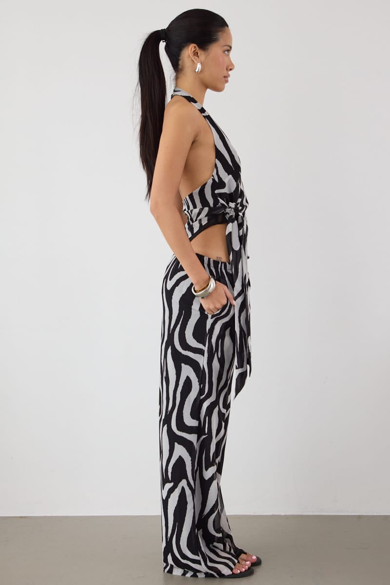 Black Animal Print Wide Leg Pants Sheer for Ally Fashion